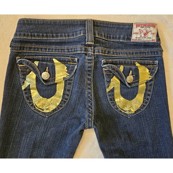 True Religion Joey Women's 29 Bootcut Gold Foil Flap Pocket Blue Jeans - Picture 7 of 15